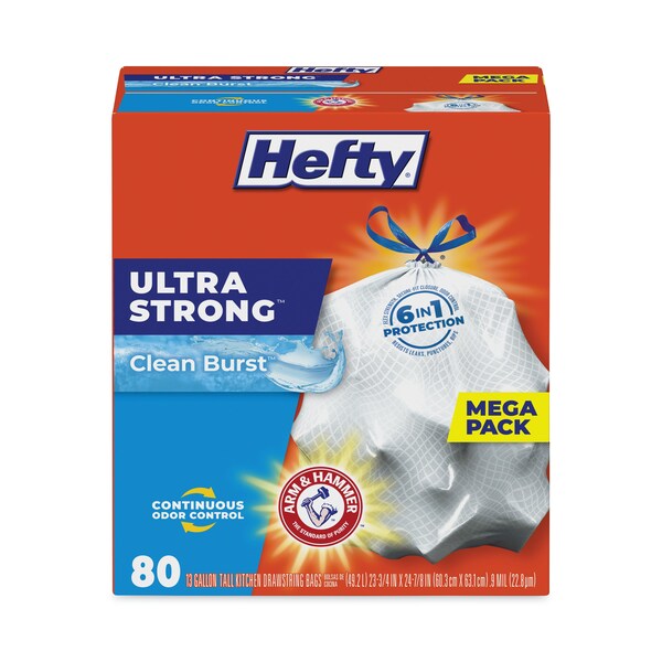 Hefty 13 gal Trash Bags, 23.75 in x 24.88 in, Extra Extra Heavy-Duty, .9 Mil, White, 80 PK - E88356