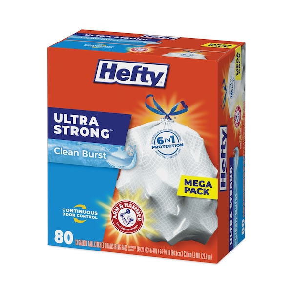 Hefty 13 gal Trash Bags, 23.75 in x 24.88 in, Extra Extra Heavy-Duty, .9 Mil, White, 80 PK - E88356
