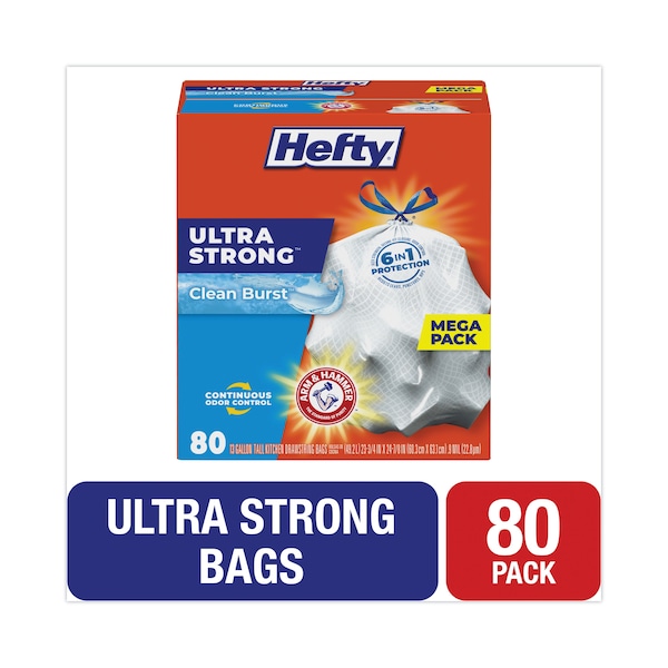 Hefty 13 gal Trash Bags, 23.75 in x 24.88 in, Extra Extra Heavy-Duty, .9 Mil, White, 80 PK - E88356
