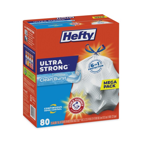 Hefty 13 gal Trash Bags, 23.75 in x 24.88 in, Extra Extra Heavy-Duty, .9 Mil, White, 80 PK - E88356