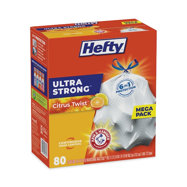 Hefty 13 gal Trash Bags, 23.75 in x 24.88 in, Extra Extra Heavy-Duty, .95 Mil, White, 80 PK - E88354