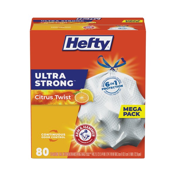 Hefty 13 gal Trash Bags, 23.75 in x 24.88 in, Extra Extra Heavy-Duty, .95 Mil, White, 80 PK - E88354