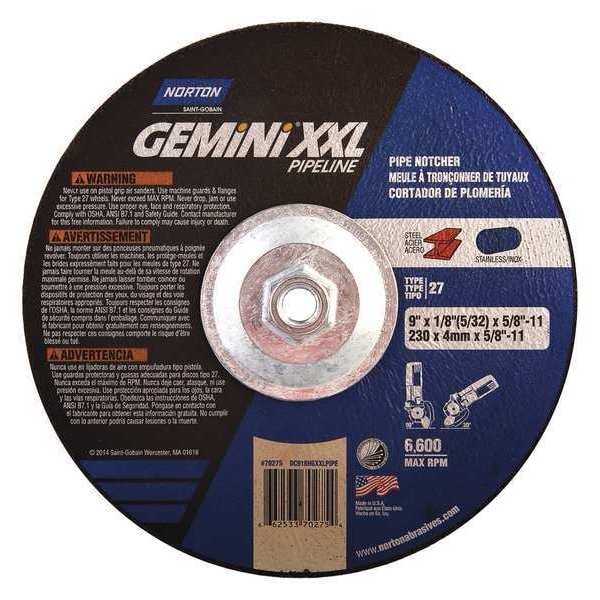 Ruedas de centro deprimido Norton Abrasives, Tipo 27, 9 pulgadas de diámetro, 0.125 pulgadas de grosor, tamaño de agujero de árbol de 5/8"-11, Óxido de aluminio - 66253370275