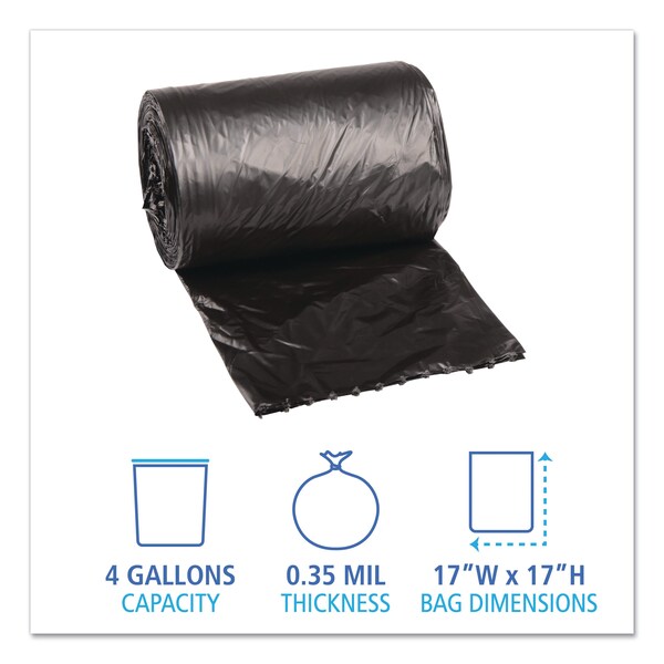 Boardwalk 4 gal Trash Bags, 17 in x 17 in, Light-Duty, 0.35 mm, Black, 1000 PK - BWK 1717L