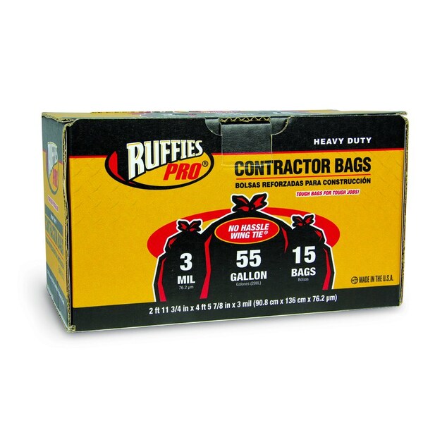 Ruffies Ruffies Pro 55 gal Contractor Bags Wing Ties 15 pk 3 mil - 1124883