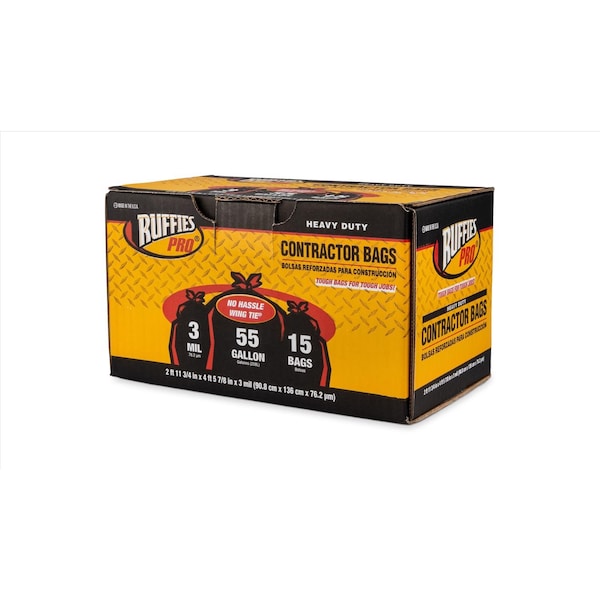 Ruffies Ruffies Pro 55 gal Contractor Bags Wing Ties 15 pk 3 mil - 1124883