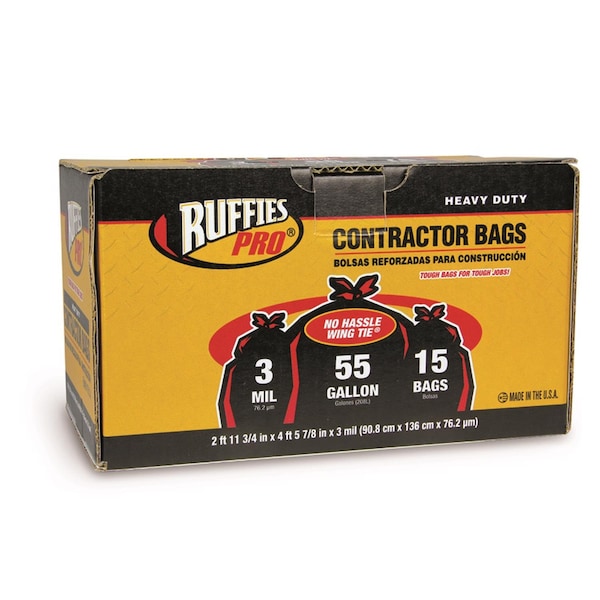Ruffies Ruffies Pro 55 gal Contractor Bags Wing Ties 15 pk 3 mil - 1124883