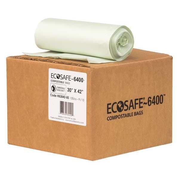 Ecosafe-6400 35 gal Trash Bags, 30 in x 42 in, Extra Heavy-Duty, 0.85 mil, Green - HB3042-8