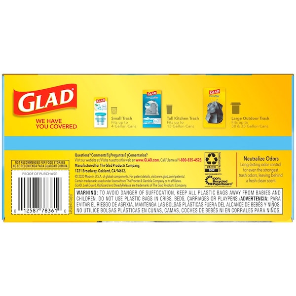 Glad 13 gal Trash Bags, 24 in x 27 1/2 in, Extra Heavy-Duty, 0.78 mil, White - 78361