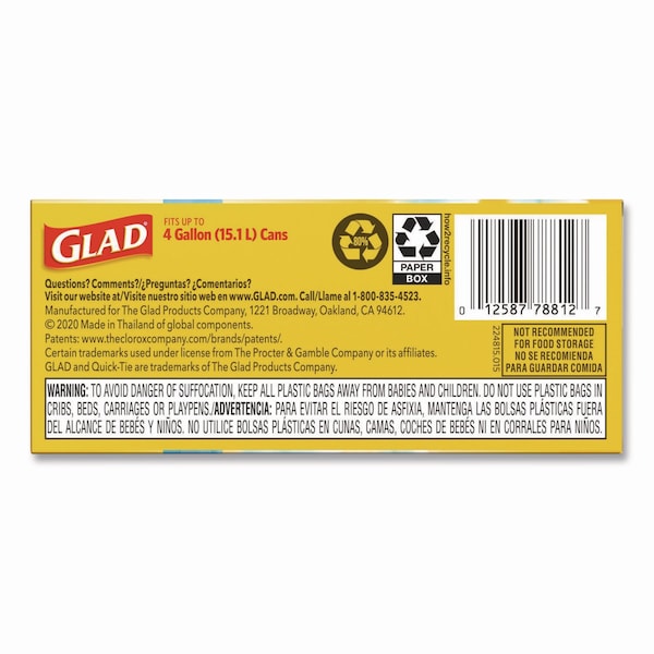 Glad 4 gal Trash Bags, 8 in x 18 in, Standard-Duty, .5 Mil, White, 156 PK - 78812