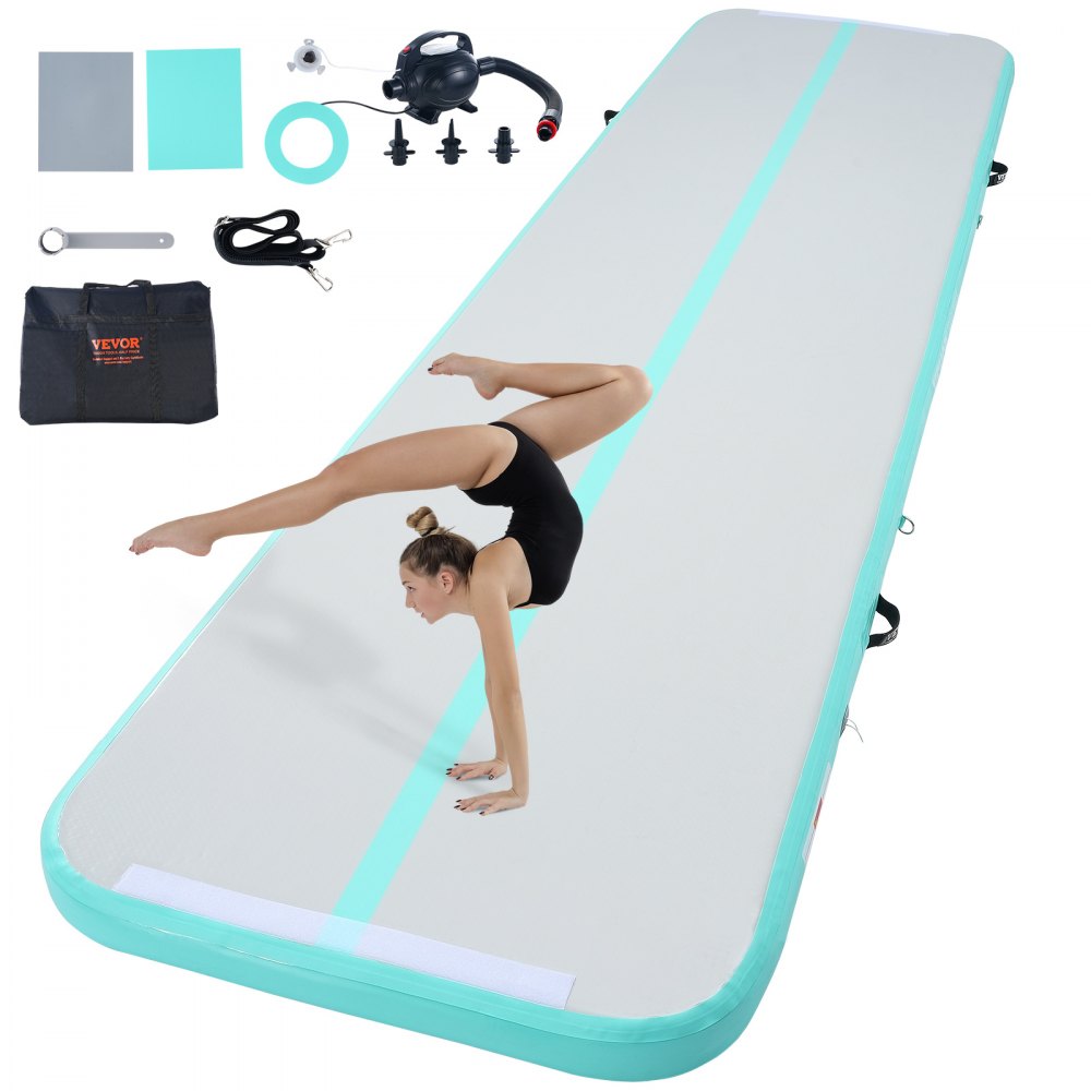 VEVOR Gymnastics Air Mat, 4 inch Thickness Inflatable Gymnastics Tumbling Mat, Tumble Track with Electric Pump, Training Mats for Home Use/Gym/Yoga/Cheerleading/Beach/Park/Water, 13 ft, Mint Green - ZFXKKFQD13FT7OZ1ZV1