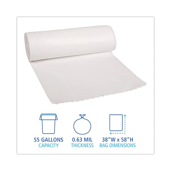 Boardwalk 55 gal Trash Bags, 38 in x 58 in, 0.63 mil, White - BWK515