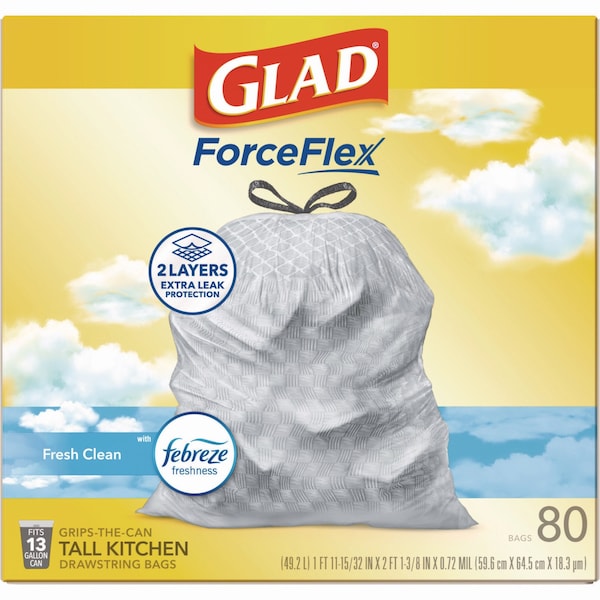 Glad 13 gal Trash Bags, 24 in x 27.38 in, Extra Heavy-Duty, .60 Mil, White - 78899BX
