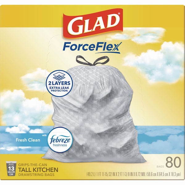 Glad 13 gal Trash Bags, 24 in x 27.38 in, Extra Heavy-Duty, .60 Mil, White - 78899BX