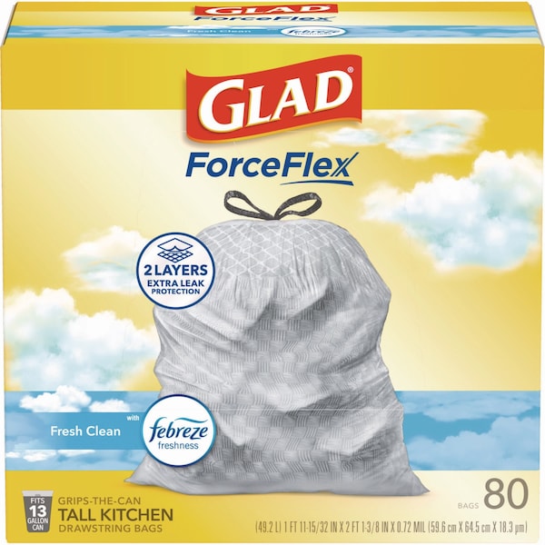 Glad 13 gal Trash Bags, 24 in x 27.38 in, Extra Heavy-Duty, .60 Mil, White - 78899BX