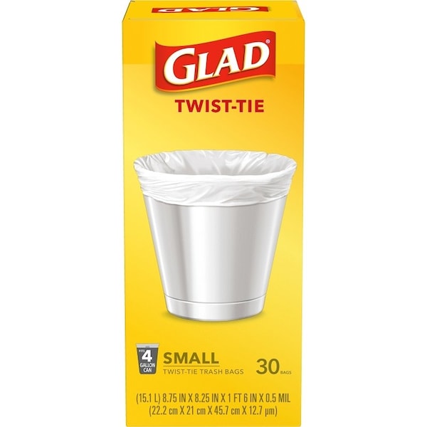 Glad Trash Bag, 4 gal, White, S, Plastic, 30PK - 78817