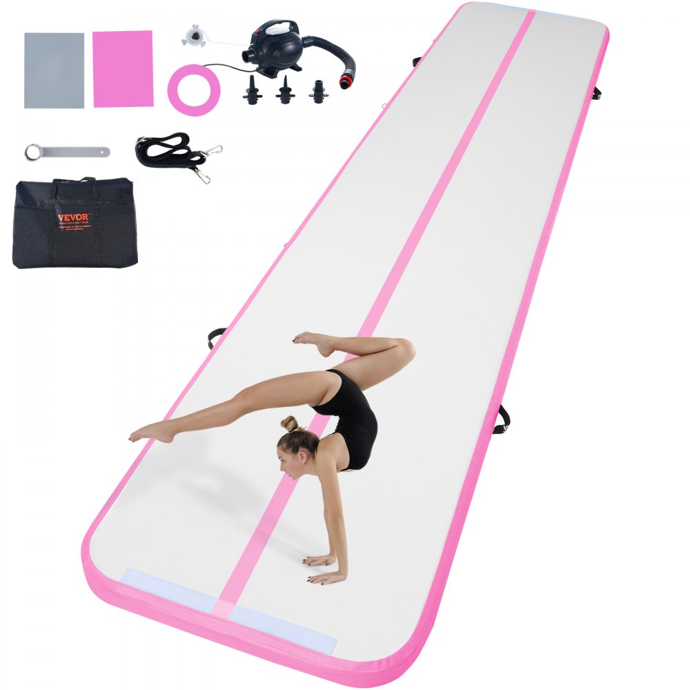 VEVOR Gymnastics Air Mat, 4 inch Thickness Inflatable Gymnastics Tumbling Mat, Tumble Track with Electric Pump, Training Mats for Home Use/Gym/Yoga/Cheerleading/Beach/Park/Water, 16 ft, Pink - ZFXKKFQD16FT018COV1