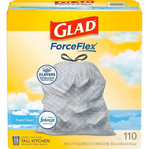 Glad ForceFlex Tall Kitchen Trash Bag, 13 gal, Polyethylene Resin, Gray, 110PK - 78554