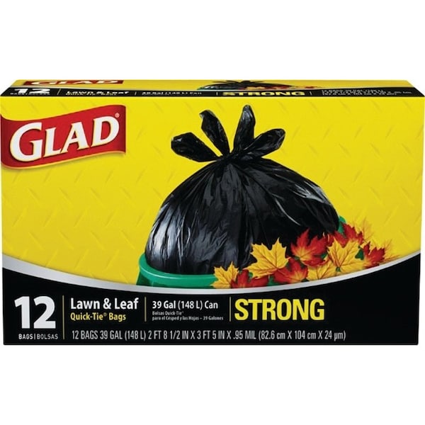 Glad Lawn and Leaf Bag, 32-1/2 in L, 38 in W, 39 gal, Black, Quick Tie, 12PK - 70028