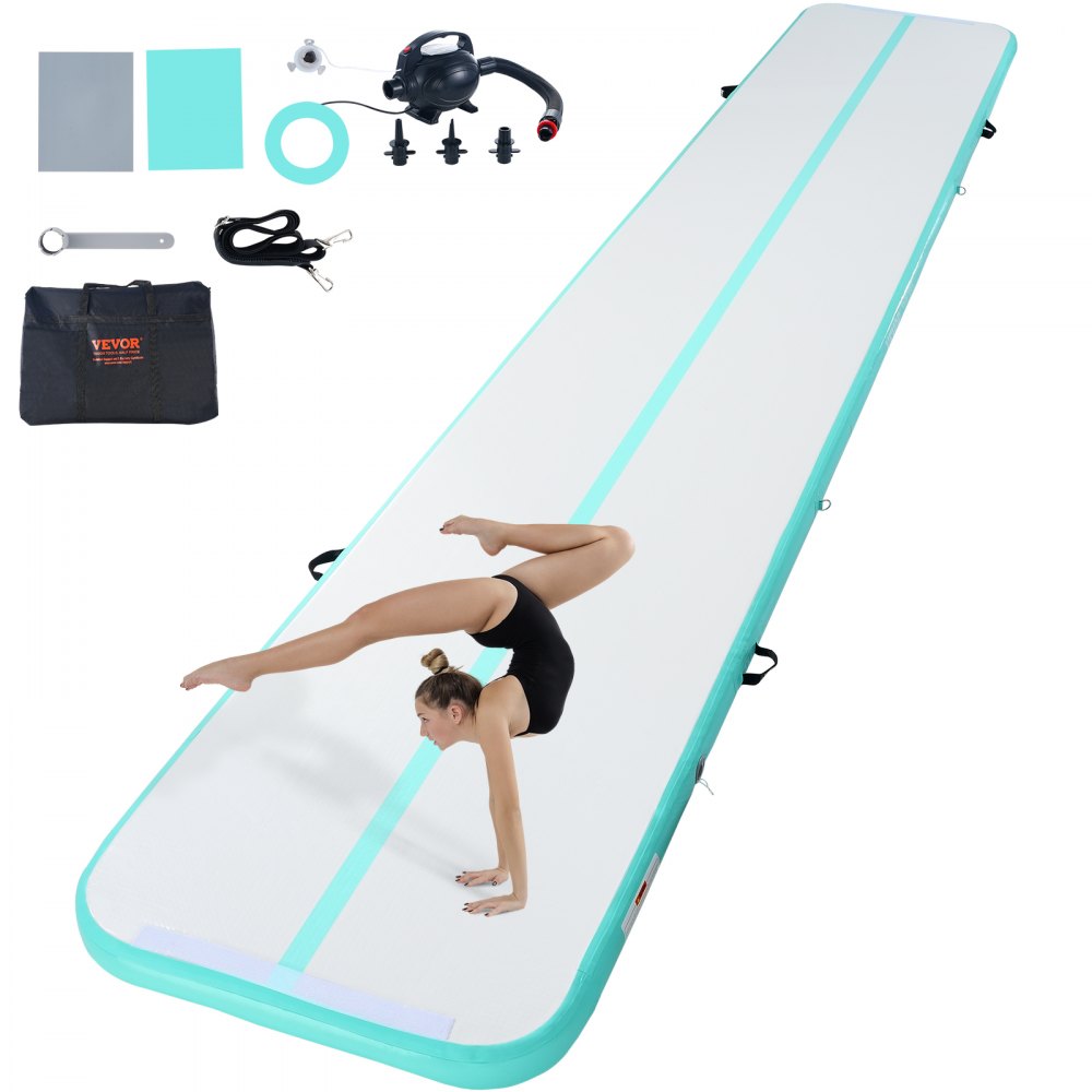 VEVOR Gymnastics Air Mat, 4 inch Thickness Inflatable Gymnastics Tumbling Mat, Tumble Track with Electric Pump, Training Mats for Home Use/Gym/Yoga/Cheerleading/Beach/Park/Water, 20 ft, Mint Green - ZFXKKFQD20FTIEG8XV1