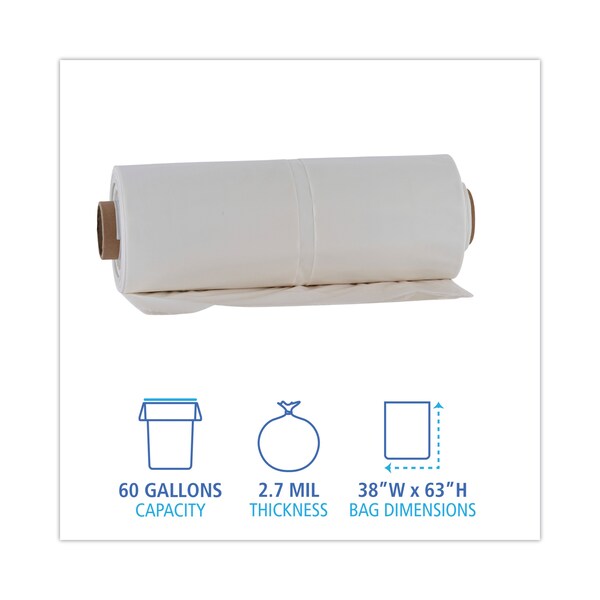 Boardwalk 60 gal Trash Bags, 38 in x 63 in, 2.7 mil, Clear - BWKD38634CL