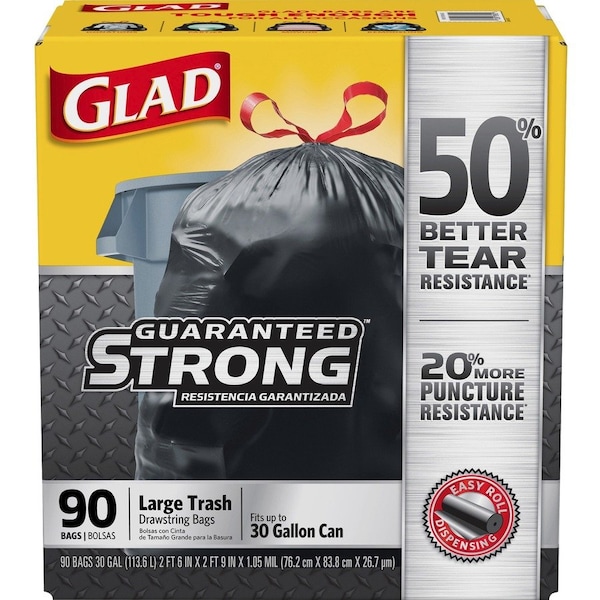 Glad 30 gal Trash Bags, L, 1.05 mil (27 Micron), Black, 90 PK - CLO78952