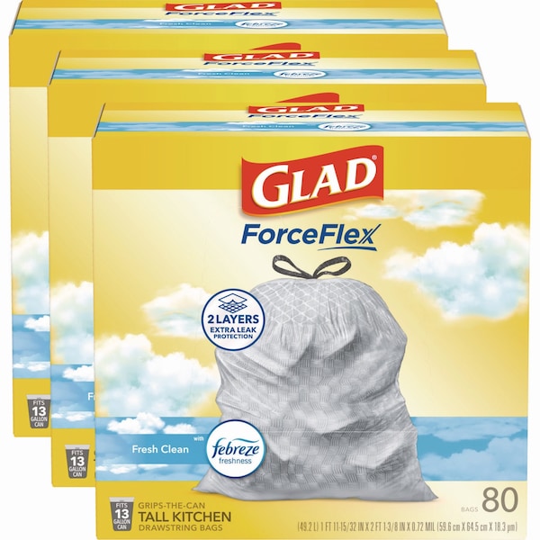 Glad 13 gal Trash Bags, 24 in x 27.38 in, Extra Heavy-Duty, 0.72 mil, White - 78899