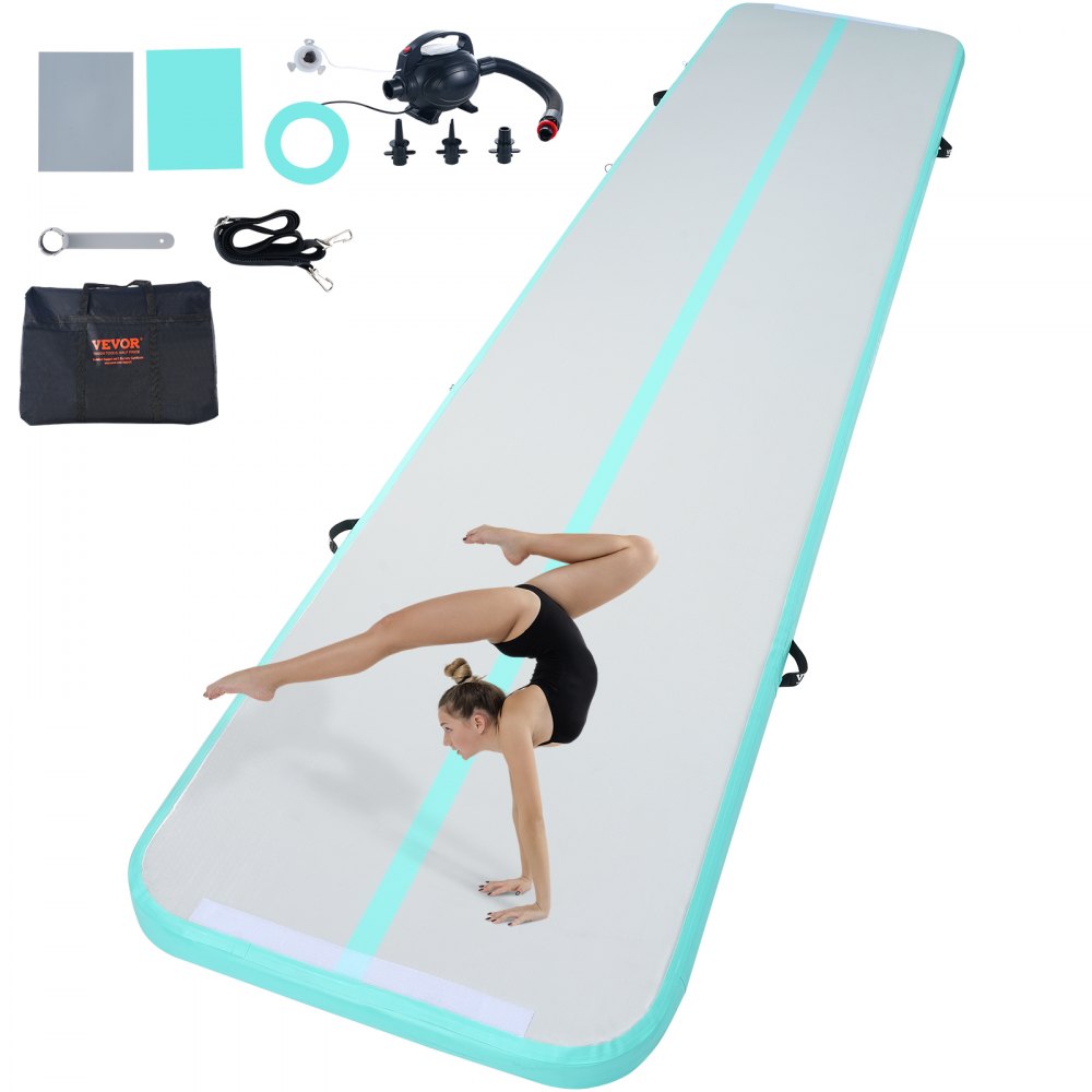 VEVOR Gymnastics Air Mat, 4 inch Thickness Inflatable Gymnastics Tumbling Mat, Tumble Track with Electric Pump, Training Mats for Home Use/Gym/Yoga/Cheerleading/Beach/Park/Water, 16 ft, Mint Green - ZFXKKFQD16FTPLJADV1