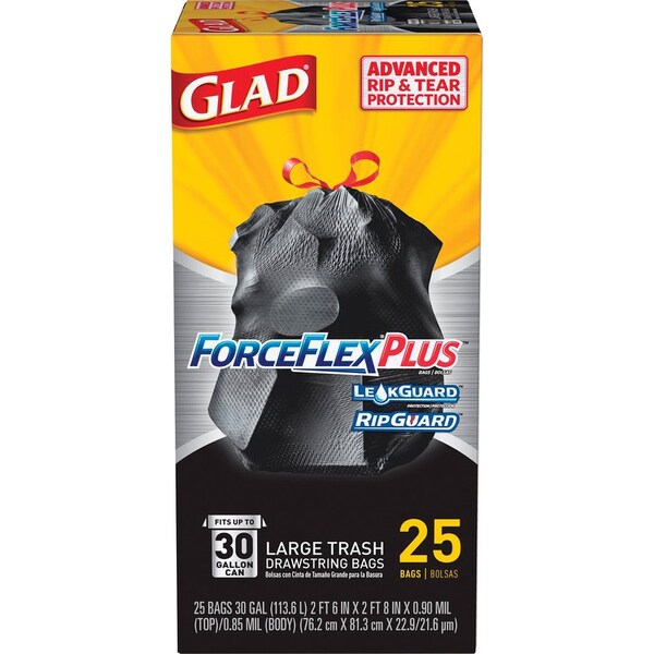 Glad 30 gal Trash Bags, L, 0.90 mil (23 Micron), Black, 6 PK - CLO70359CT