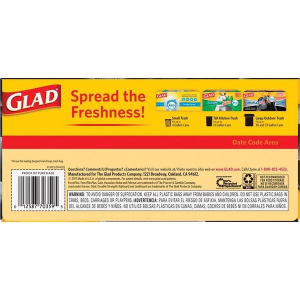 Glad 30 gal Trash Bags, L, 0.90 mil (23 Micron), Black, 6 PK - CLO70359CT