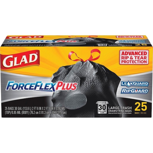 Glad 30 gal Trash Bags, L, 0.90 mil (23 Micron), Black, 6 PK - CLO70359CT