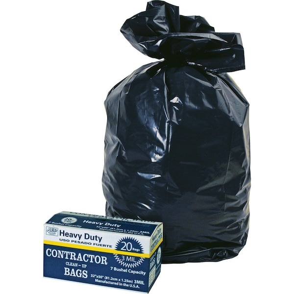 Berry Plastics Heavy Duty Contractor Bags, 45 gal Capacity, 32'' x 40'', 76 Microns, Black, 20PK - 0186470
