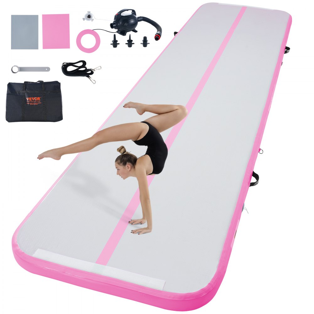 VEVOR Gymnastics Air Mat, 4 inch Thickness Inflatable Gymnastics Tumbling Mat, Tumble Track with Electric Pump, Training Mats for Home Use/Gym/Yoga/Cheerleading/Beach/Park/Water, 13 ft, Pink - ZFXKKFQD13FT3XLY2V1