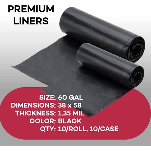 Dealmed 60 gal Trash Bags, 32 in x 58 in, 1.35 Mil, Black - 781155