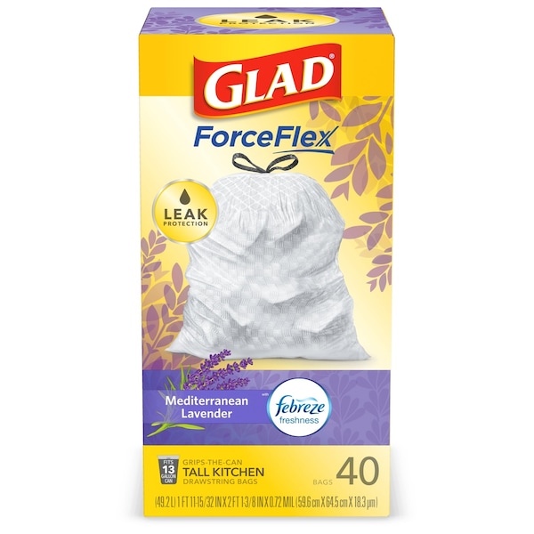 Glad Glad ForceFlex 13 gal Lavender Scent Tall Kitchen Bags Drawstring 40 pk 0.78 mil - 78459