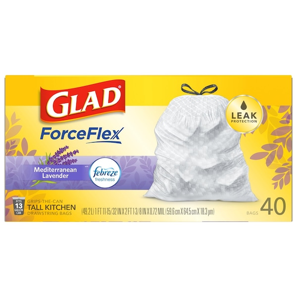 Glad Glad ForceFlex 13 gal Lavender Scent Tall Kitchen Bags Drawstring 40 pk 0.78 mil - 78459