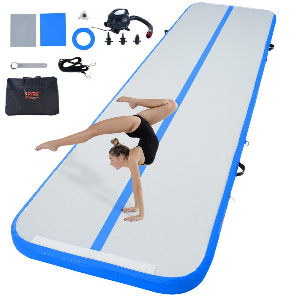 VEVOR Gymnastics Air Mat, 4 inch Thickness Inflatable Gymnastics Tumbling Mat, Tumble Track with Electric Pump, Training Mats for Home Use/Gym/Yoga/Cheerleading/Beach/Park/Water, 13 ft, Blue - ZFXKKFQD13FTZHSIZV1