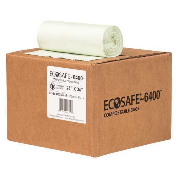 Ecosafe-6400 20 gal Trash Bags, 26 in x 36 in, Extra Heavy-Duty, 0.85 mil, Green - HB2636-8