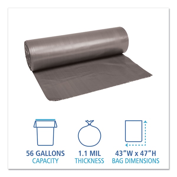 Boardwalk 56 gal Trash Bags, 43 in x 47 in, Super Heavy-Duty, 1.1 mm, Gray, 100 PK - BWK 4347SEH