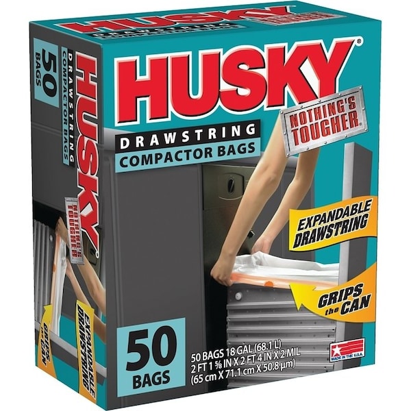 Husky Trash Compactor Bag with Drawstring, 18 gal Capacity, White, 2 ft 1-5/8 in L, 2 ft 4 in W - HK18XDS050W