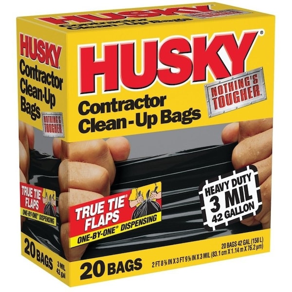 Husky Contractor Clean-Up Bag, 42 gal Capacity, Polyethylene, Black - HK42WC020B
