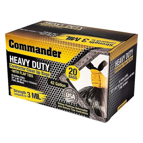 Ultrasac Commander HeavyDuty Contractor CleanUp Bag, 42 gal Capacity, Polyethylene, Black - 3MCON20