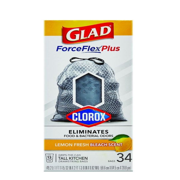 Glad Glad Force Flex Plus 13 gal Lemon Scent Tall Kitchen Bags Drawstring 34 pk 0.82 mil - 79297