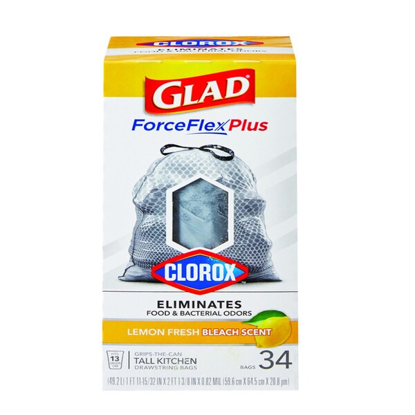 Glad Glad Force Flex Plus 13 gal Lemon Scent Tall Kitchen Bags Drawstring 34 pk 0.82 mil - 79297