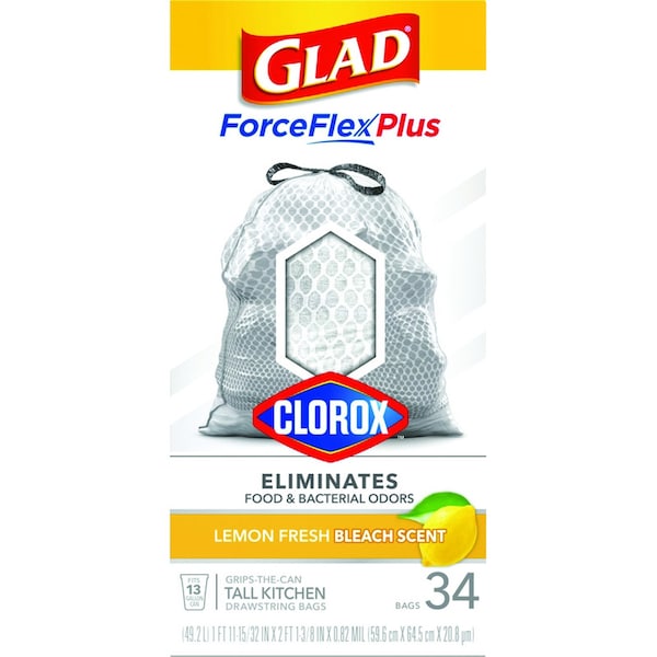 Glad Glad Force Flex Plus 13 gal Lemon Scent Tall Kitchen Bags Drawstring 34 pk 0.82 mil - 79297