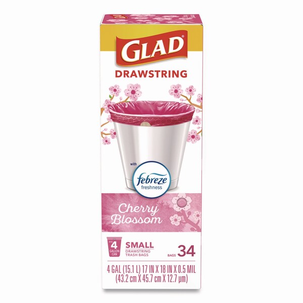 Glad OdorShield Small Drawstring Trash Bags, 4gal, Cherry Blossom Scent, 0.5 mil, 18inx17in, Pink, 34PK - 79274