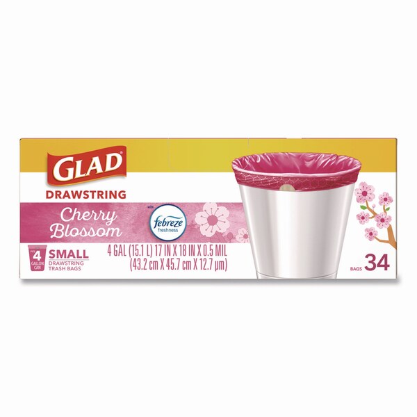 Glad OdorShield Small Drawstring Trash Bags, 4gal, Cherry Blossom Scent, 0.5 mil, 18inx17in, Pink, 34PK - 79274