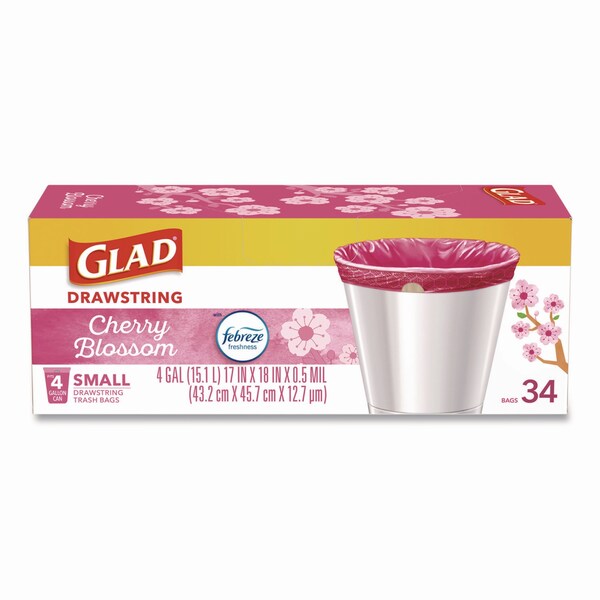 Glad OdorShield Small Drawstring Trash Bags, 4gal, Cherry Blossom Scent, 0.5 mil, 18inx17in, Pink, 34PK - 79274