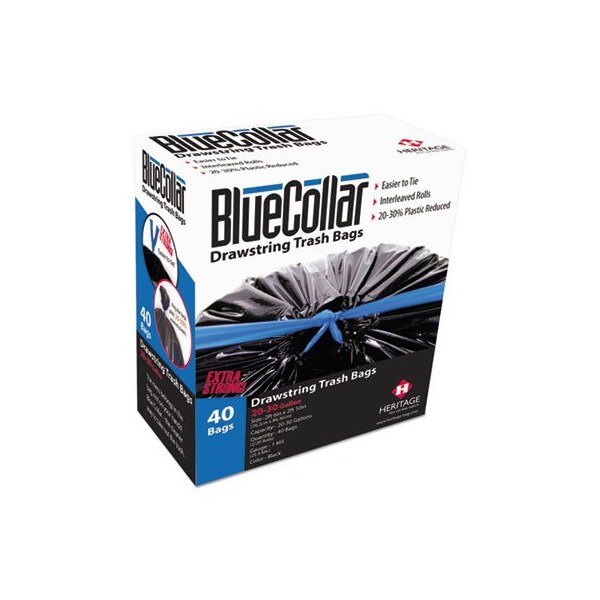 Heritage BlueCollar, DRAWSTRING TRASH BAGS, 30 GAL, 1 MIL, 30in X 34in, BLACK, 240PK - N6034YKRC1CT