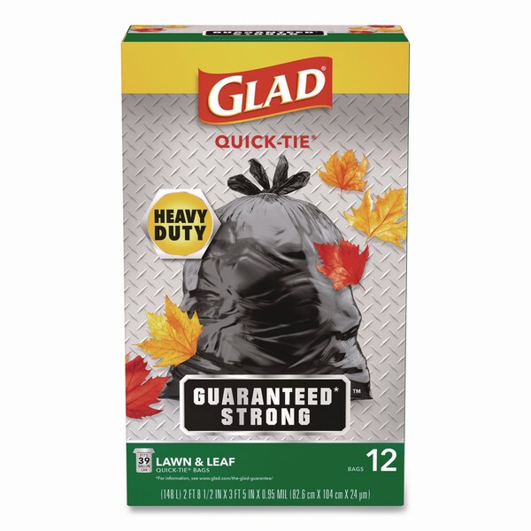 Glad Large Quick-Tie Trash Bags, Lawn and Leaf, 39 gal, 0.95 mil, 32.5 x 41, Black, 12PK - 70028